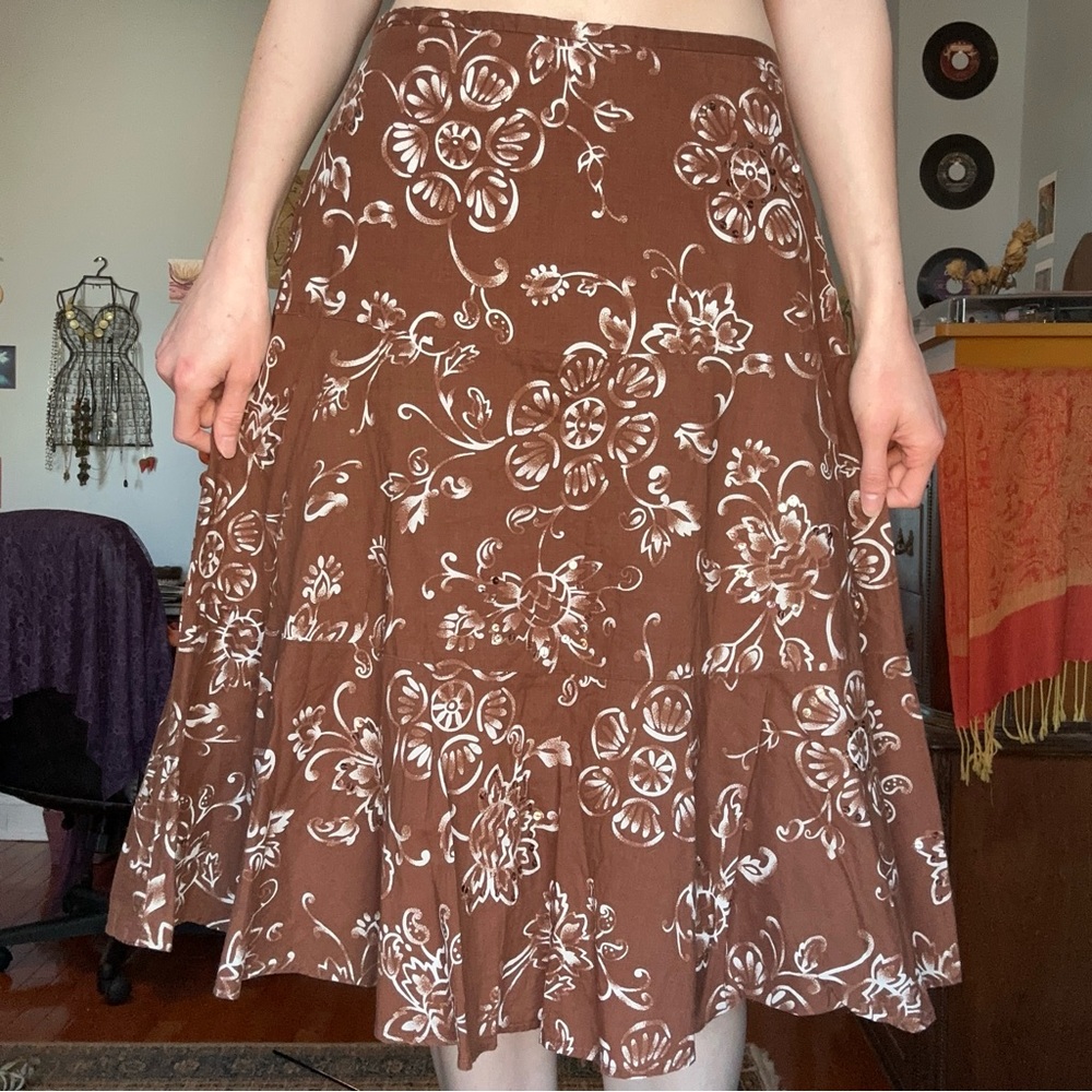 Brown Floral Embroidered Sequin Midi Skirt